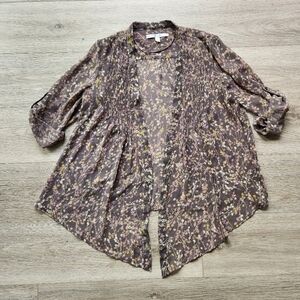Lc Lauren Conrad Taupe Floral Kimono Blouse Womens Small Front Tie Sheer